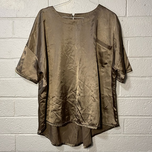 Silky Copper Gold Dress Blouse Oversized Baggy Short Sleeve Shirt Women’s M - Picture 3 of 9